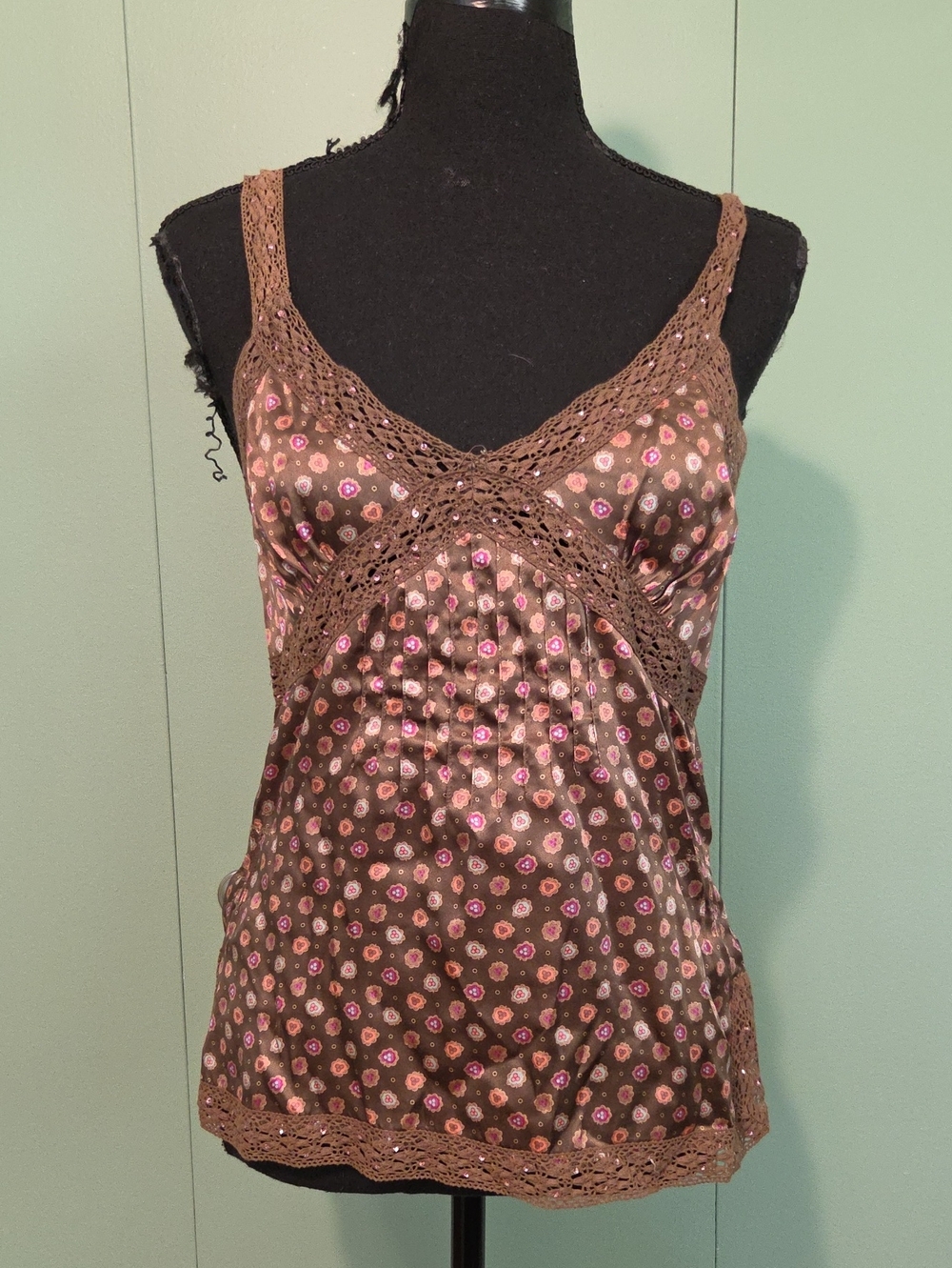 Y2k American Eagle 100% Silk Brown Babydoll Jewelled Top Size 4